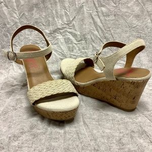 Jellypop Linen Cork Wedge High Heel Strap Sandals with Silver Buckles Size 10